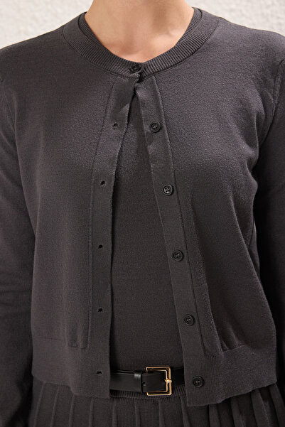 Trendyol Collection Anthracite Premium Pleated Knitwear Mini Dress with Belt Detail, Custom Yarn Twoss25El00334