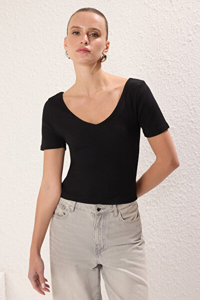 Trendyol Collection V-Neck Ribbed Stretchy Knitted Blouse - Black/Grey, Short Sleeve, 2-Pack Twoss25Bz00288