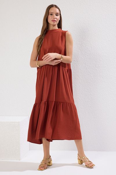 Trendyol Collection Tile Shift/Straight Cut Stand Collar Midi Woven Dress TWOSS20EL1864