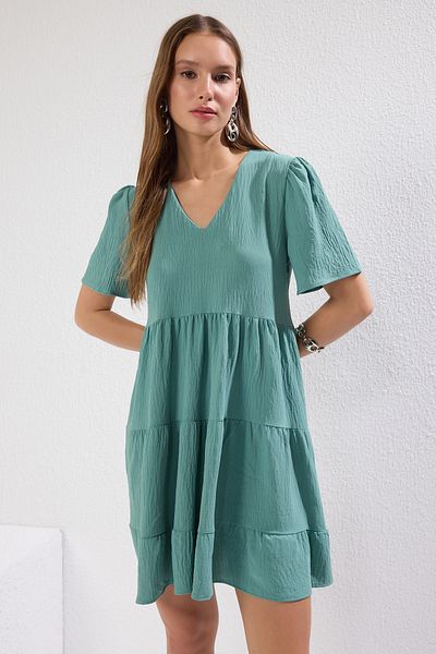 Trendyol Collection Μίνι Χακί Φόρεμα με V λαιμόκοψη - Φαρδύ κόψιμο, υφαντό, TWOSS20EL0400