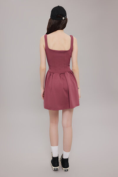 Trendyol Collection Dusty Rose Mini Knitted Dress - Square Neck, Balloon Skater, Waistline Skirt Twoss25El00371