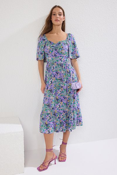 Trendyol Collection Rochie midi țesută cu linie A, mâneci balon și imprimeu floral mov TWOSS20EL2323