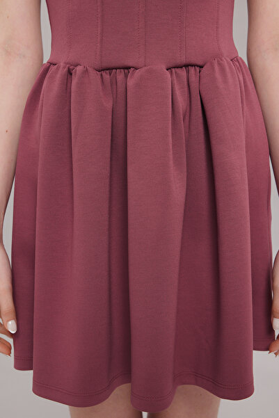 Trendyol Collection Dusty Rose Mini Knitted Dress - Square Neck, Balloon Skater, Waistline Skirt Twoss25El00371