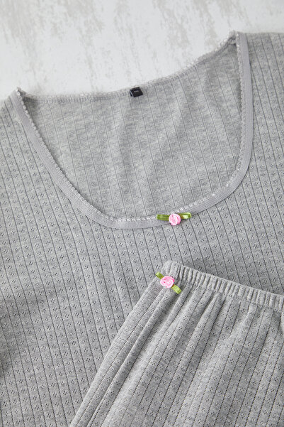 Trendyol Curve Gray Pointel Openwork/Hole Knitted Pajamas Set Tbbss25Ai00049