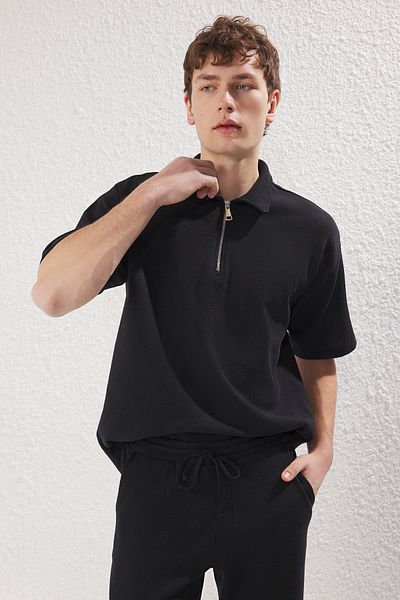 Trendyol Collection Black Oversize Zippered 100% Cotton Polo T-Shirt