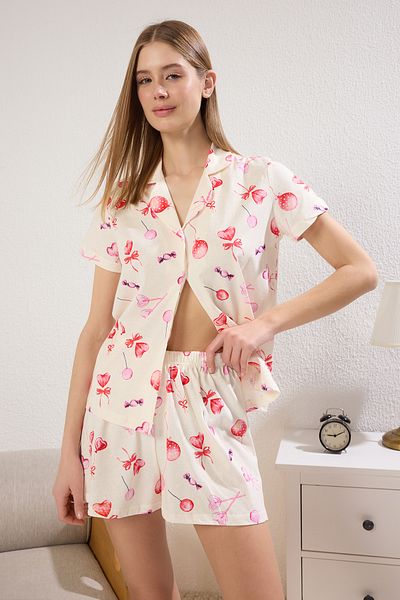 Trendyol Collection Ecru 100% Cotton Heart Shorts Knitted Pajamas Set Thmss25Pt00364