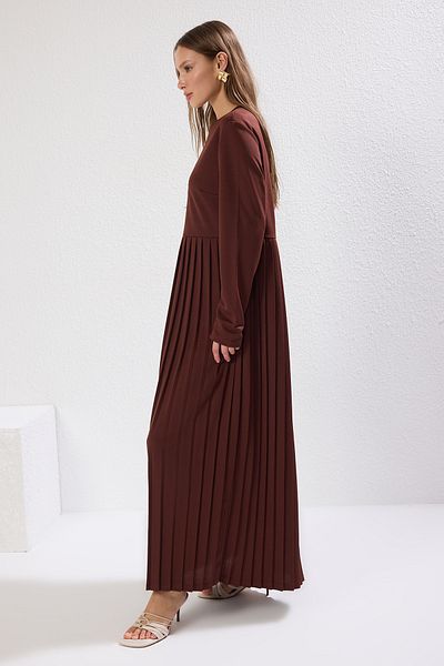 Trendyol Modest Καφέ Φούστα Πλισέ Scuba Πλεκτό Φόρεμα TCTAW24EL00000