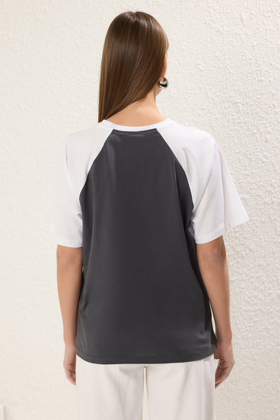 Trendyol Collection Anthracite Color Block Slogan Βαμβακερό μπλουζάκι χαλαρής κοπής - TWOSS24TS00134