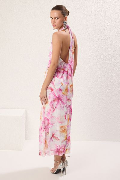 Trendyol Collection Roz-Multicolor Floral țesut șifon căptușeală midi Rochie elegantă/de seară