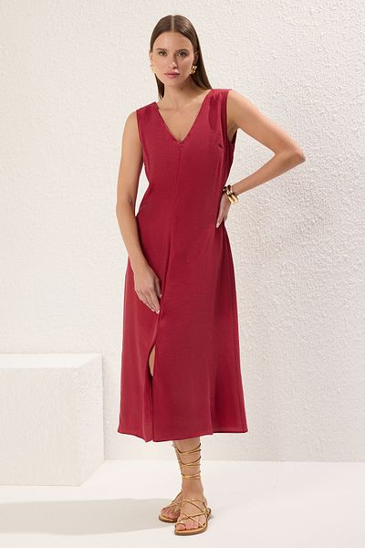 Trendyol Collection Rochie țesătă midi cu croială dreaptă burgundă TWOSS25EL00288