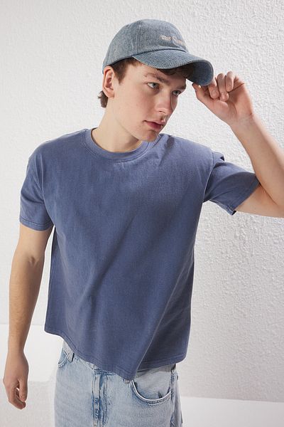 Trendyol Collection Indigo Washed Oversize/Wide Fit Men's T-Shirt Tmnss25Ts00059