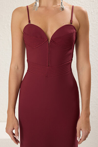 Trendyol Collection Vínové tkané Maxi večerní šaty a promoce Tprss25Ae00098