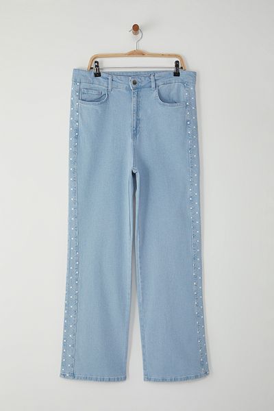 Trendyol Curve High Waist Embroidered Light Blue Straight Jeans - Plus Size Tbbss25Cj00025