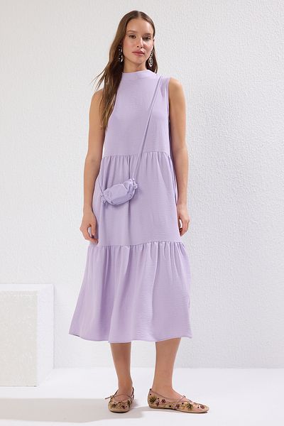 Trendyol Collection Lila Shift/gerade geschnittenes Midi-Gewebekleid mit Stehkragen TWOSS20EL1864