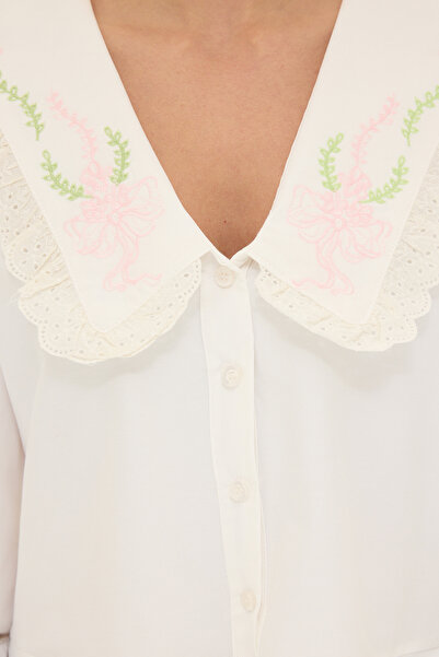 Trendyol Collection Ecru V-Neck Embroidery Detail Ruffle Shirt Twoss25Go00103