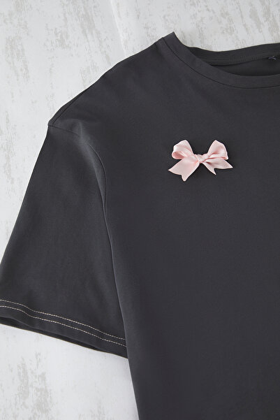 Trendyol Curve Σετ Πιτζάμες Πλεκτές - Ανθρακί, Κορδέλα και Λεπτομέρεια Φιόγκου TBBSS25AI00032