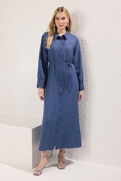 Trendyol Modest Marineblaues, gewebtes Kleid im Leinen-Look TCTSS25EB00093