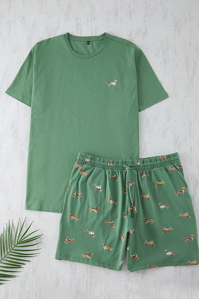 Trendyol Collection Grün bedrucktes Strick-Pyjama-Shorts-Set in Übergröße – TMNSS24AI00000