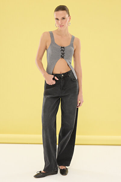 Trendyol Collection Premium Anthracite Crop Knitwear Blouse - Ribbon, Slim Design Twoss25Bz00332