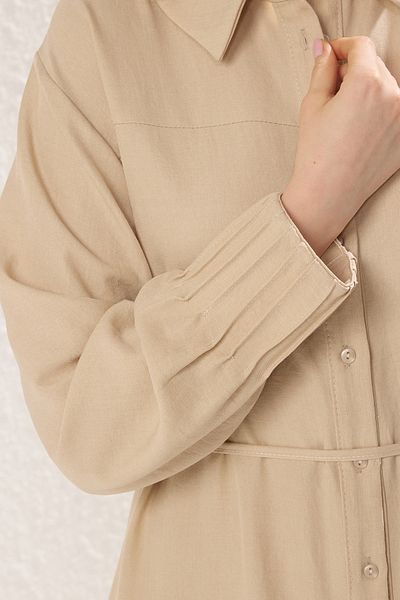 Trendyol Modest Beigefarbenes, gewebtes Kleid im Leinen-Look TCTSS25EB00093