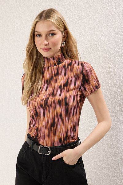 Trendyol Collection Stand Collar Printed Knitted Blouse - Multicolor Wrapped Twoss25Bz00396