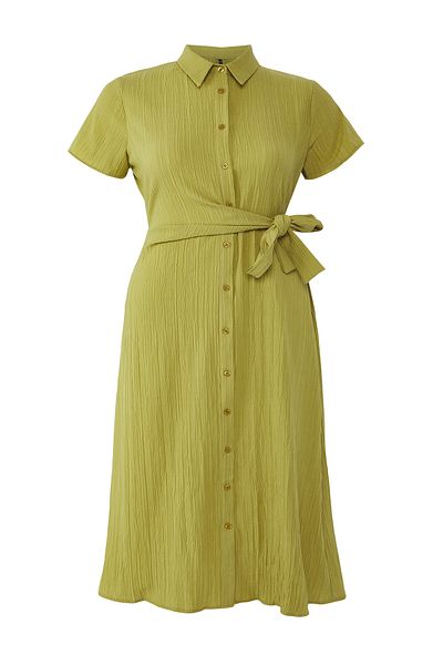 Trendyol Curve Khaki Seersucker Midi szőtt nagy méretű ingruha TBBSS25AH00034