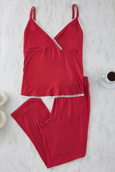 Trendyol Curve Fliese V-Ausschnitt Spitze Viskose gestricktes Pyjama-Set TBBSS25AI00042