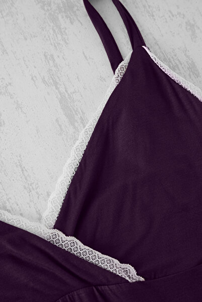 Trendyol Curve Viscose Lace Plum Pajama Set - V-Neck Tbbss25Ai00042