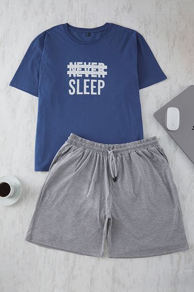Trendyol Collection Pyžamový oblek větší velikosti s modrými pletenými šortkami Regular Fit Tmnss25Ai00003