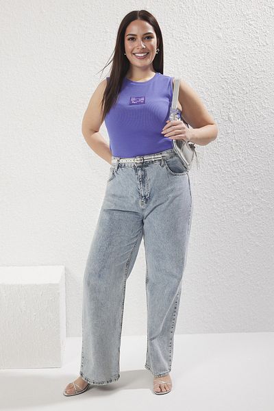 Trendyol Curve Indigo Tona Tone Label Detailliertes, geripptes Camisole Plus Size Singlet TBBSS25CV00013