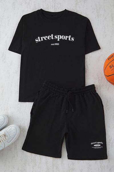 Trendyol Collection Μαύρο Σετ Φούτερ Oversize - 100% βαμβακερό σορτς και μπλουζάκι