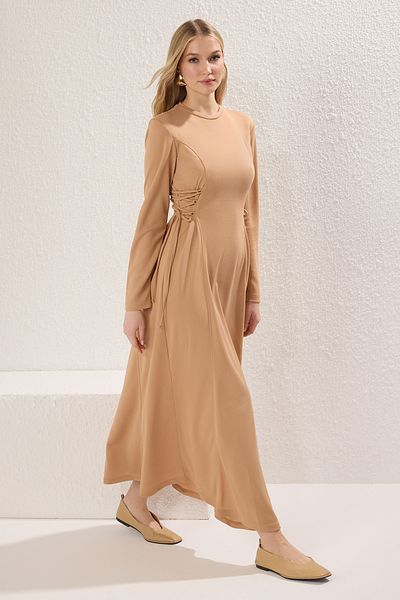 Trendyol Modest Καμήλα χωρίς επένδυση ίσιο πλεκτό κρεπ χιτζάμπ φόρεμα TCTSS25EB00076