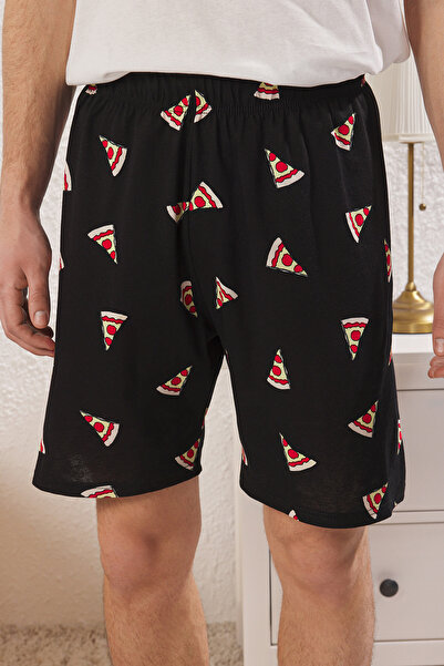 Trendyol Collection Εκρού Μαύρο Regular Fit Pizza με στάμπα 100% βαμβακερό ζευγάρι πλεκτές ανδρικές πιτζάμες TMNSS25PT00048 Σετ