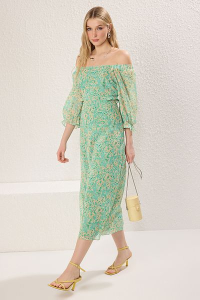 Trendyol Collection Μέντα Floral Cut Out / Φόρεμα Maxi Woven με βολάν TWOSS23EL02422