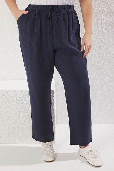 Trendyol Curve Navy Blue Rubber Waisted Pocket Cordon Soft Woven Plus Size Pants Tbbss25Ar00025