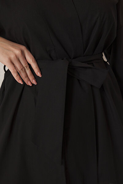 Trendyol Curve Plus Size Black Belted 100% Cotton Kimono & Kaftan - Tbbss25De00000