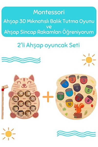 Hopiers Montessori 3 Boyutlu Ahşap  Balık Tutma Oyunu + Montessori Ahşap Sinc...