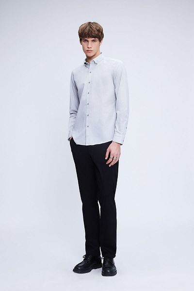 Hatemoğlu Γκρι Slim Fit Βαμβακερό πουκάμισο με μακρυμάνικο γιακά με κουμπιά