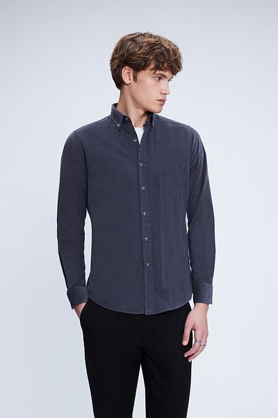 Hatemoğlu Γκρι Slim Fit 100% βαμβακερό γιακά με κουμπιά μακρυμάνικο κλασικό πουκάμισο