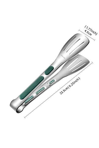 Choice 23.5cm Green Silver Non-Slip Stainless Steel Food Tongs Meat Salad Bread Serving Clip Barbecue Grill
