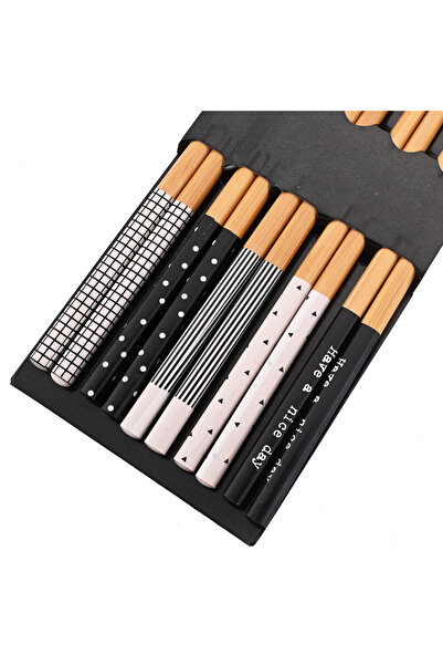 Choice 5Pairs Black White Reusable 5Pairs Tableware Handmade Bamboo Japanese Natural Wood Chopsticks Sushi