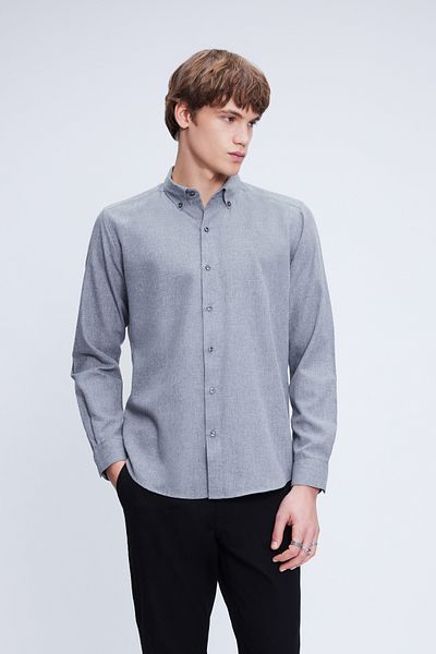 Hatemoğlu Γκρι Slim Fit Μακρυμάνικο Πουκάμισο Φανελένιο γιακά με Κουμπιά