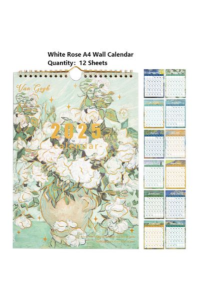Choice White Rose 12 sheets 2025 Vintage Painting A4 Wall Calendar Monthly Planner Colorful Weekly Schedule