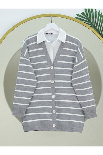 Modamorfo Striped Buttoned V-Neck Sweater Cardigan - Gray