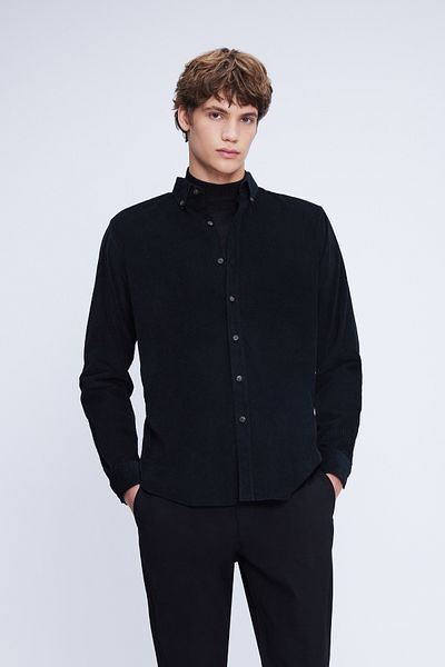 Hatemoğlu Μαύρο Slim Fit 100% βαμβακερό γιακά με κουμπιά μακρυμάνικο κλασικό πουκάμισο
