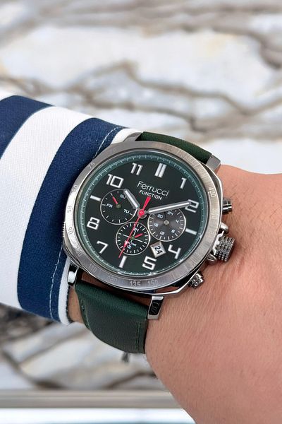 Ferrucci Green Leather Cord, Steel Case Function Number Men's Wristwatch Bracelet Zmfer079