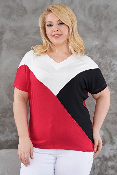 Siyezen Plus Size V-Neck Block Crossing Blouse
