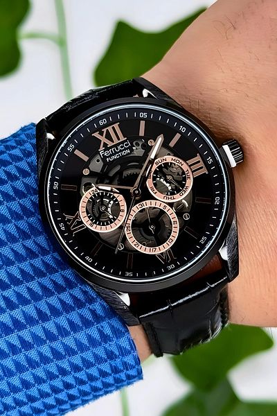 Ferrucci Function Men's Wristwatch Black Leather Cord Bracelet Gift 3atm Water Resistance