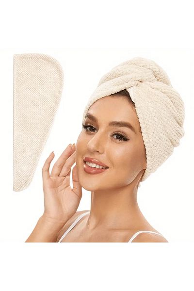 Choice Beige Solid Color Hair Towel Textured Dry Hair Cap 9.8 "X 25.5" Absorbent Hair Towel Wrap for Button