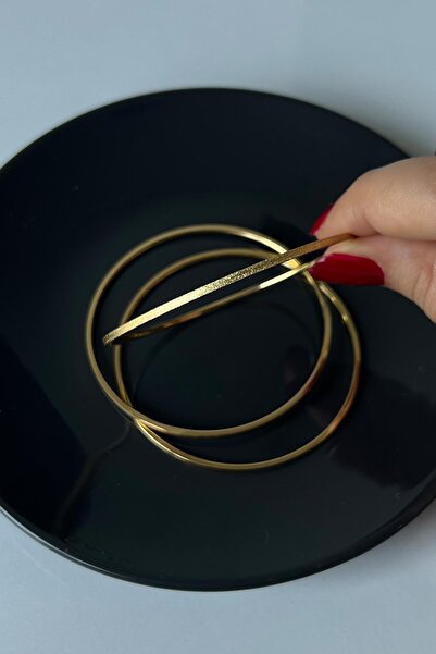 Allmisse Gold Kaplama Düz Kumlu Model 3 lü Çelik Ajda Model Bilezik (65 mm)